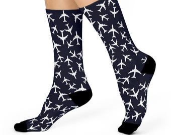 Navy Airplane Pattern Cushioned Crew Socks | Pilot Aviation Socks