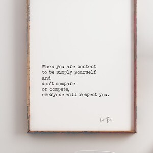 Lao Tzu Be Content Positive Quote Art, Black and White Yoga Print or Mindfulness Decor Unframed
