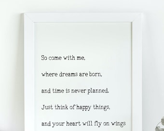 Peter Pan Art Print, "Think Of Happy Things" Inspirational Quote Unframed or Framed Decor