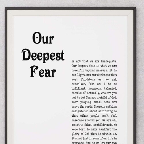 Our Deepest Fear Poem by Marianne Williamson Unframed Print - Etsy