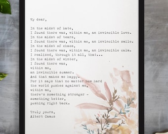 Albert Camus Invincible Summer Quote Print, Literary Wall Art