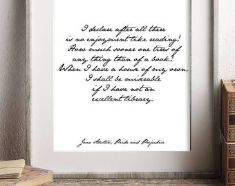 Pride and prejudice print reading quote, jane austen quote art, no enjoyment like reading book quote print, jane austen wall art unframed