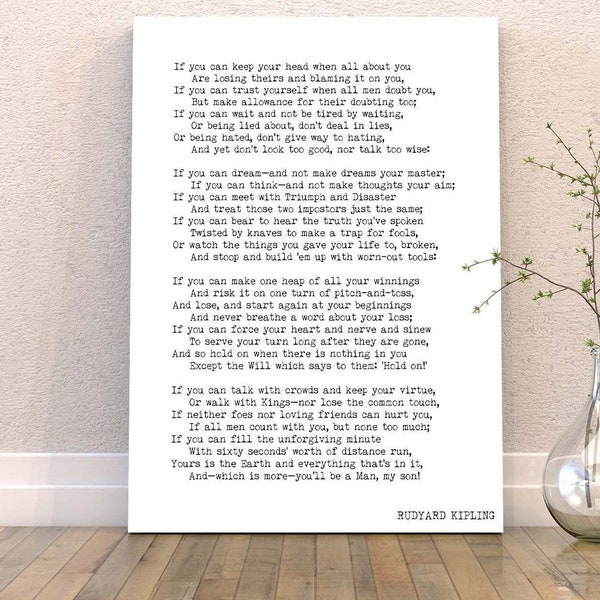 IF by Kipling Poem Canvas Art Print, Rudyard Kipling Poetry Art Print, Literary Quote Print, Inspirational Gift Ready To Hang Canvas