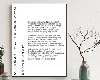 Love Poem Print, Lord Byron Quote Poem Poster, She Walks in Beauty