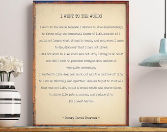 Vintage Thoreau Quote Wall Art – I Went to the Woods Print, Rustic Literary Decor, Cottagecore Book Lover Gift, Framed or Unframed