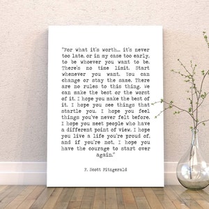 For What It's Worth Quote Canvas Art Print, F Scott Fitzgerald Art Print, Literary Quote Print, Motivational Poster, Ready To Hang Canvas