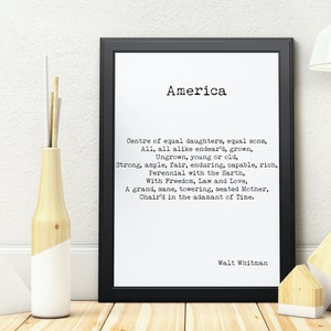 Walt Whitman America Poem Print Literary Wall Art Typewriter Style Minimalist Poetry Print Black White Background Equality Gift For Readers