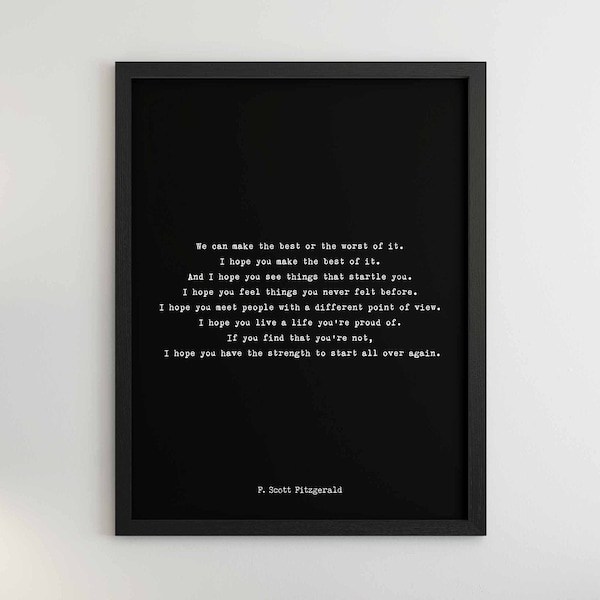 F Scott Fitzgerald Quote Print – Start Again Wall Art – Framed or Unframed, Vintage or Minimalist Style
