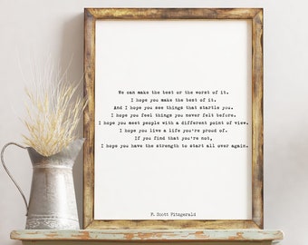 Lámina con cita inspiradora de F. Scott Fitzgerald, "Sácale el máximo partido", regalo inspirador, lámina con cita tipográfica, arte sin marco o enmarcado.