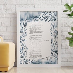 Kahlil Gibran sobre poema de casamento impressão de arte de parede emoldurada ou sem moldura com detalhes botânicos em aquarela, poesia de amor, decoração de arte de parede literária