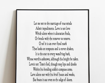 Sonnet 116 Shakespeare Love Poem Quote Print, Marriage Of True Minds Unframed and Framed Art Gift Wall Decor in Black & White