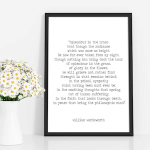 Splendour in the Grass Poem Art Print, William Wordsworth Poetry in Black and White, Literary Quote Print for Reading Nook Decor
