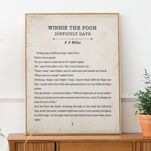 Winnie the Pooh Difficult Days Book Page Inspirational Wall Art, AA Milne Quote Vintage Style Print Wall Decor, Comforting Friendship Gift