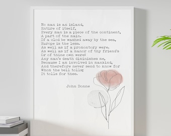 John Donne Poem Wall Art No Man Is An Island Classic Literature Quote Print
