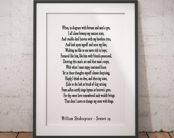 Sonnet 29 Shakespeare Wall Art, Love Poetry Art for Bedroom Decor, unframed Shakespeare Quote, When In Disgrace With Fortune and Men's Eyes