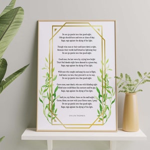 Dylan Thomas Poem Print, Do Not Go Gentle Into That Good Night Poem, Unframed Wall Art Prints For Bedroom or Living Room Decor