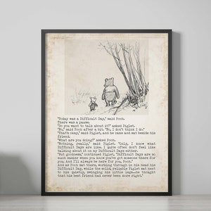 Difficult Days Winnie the Pooh Quote Unframed or Framed Nursery Wall Art Prints in Vintage Style with Pooh & Piglet Drawing, AA Milne