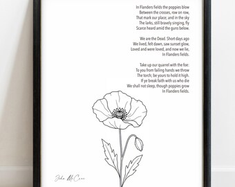 In Flanders Fields Poem Print: John McCrae Poppy Line Art Minimalist Wall Decor
