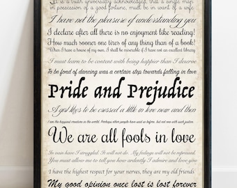 Pride and Prejudice Print, Jane Austen Quote Collection, Calligraphy Wall Art