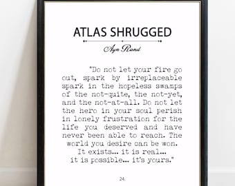 Atlas Shrugged Book Page Print, Ayn Rand Quote, Framed or Unframed