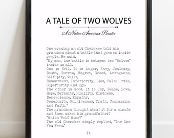Two Wolves Book Page Print, The One You Feed Parable, Framed or Unframed