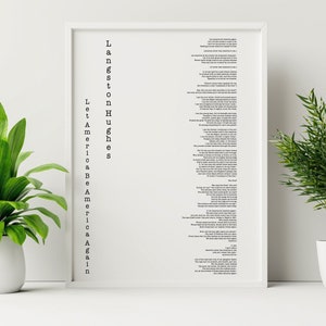 America poem, Langston Hughes print, inspirational poetry poster in black & white for home wall decor
