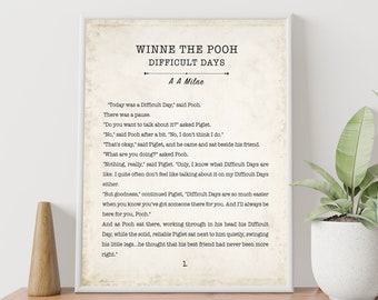 Winnie the Pooh Difficult Days Book Page Inspirational Wall Art, AA Milne Quote Vintage Style Print Wall Decor, Comforting Friendship Gift