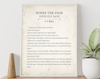 Winnie the Pooh Difficult Days Book Page Inspirational Wall Art, AA Milne Quote Vintage Style Print Wall Decor, Comforting Friendship Gift