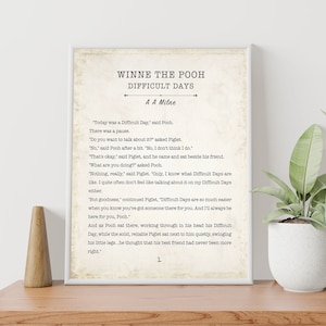 Winnie the Pooh Difficult Days Book Page Inspirational Wall Art, AA Milne Quote Vintage Style Print Wall Decor, Comforting Friendship Gift