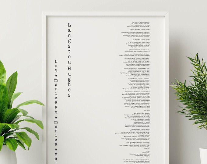 America poem, Langston Hughes print, inspirational poetry poster in black & white for home wall decor