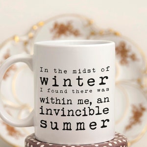 Albert Camus Invincible Summer Quote Mug, Inspirational Literary Gift for Book Lovers, Resilience Coffee Cup for Writers