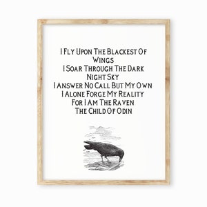 Norse Viking Poetry Child of Odin Wall Art Print, I Fly Upon The Blackest of Wings Unframed Black & White Art