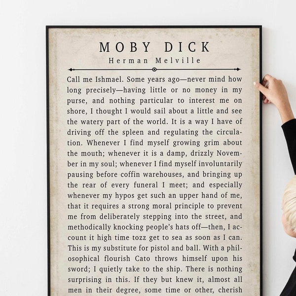 Moby Dick Herman Melville Buchzitat-Druck, Vintage-Seite 1. Ungerahmte und gerahmte Wandkunst