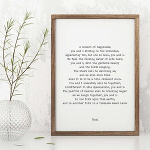 Impresión de poesía RUMI A Moment of Happiness, idea de regalo de compromiso con poema de amor, arte de cita poética, regalo de aniversario