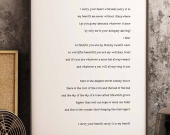 Framed E E Cummings Love Poem Art Print, I Carry Your Heart With Me Quote