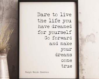 Framed Ralph Waldo Emerson Quote Print – Dream Life Motivational Poster in Typewriter Font, Vintage Style Wall Art