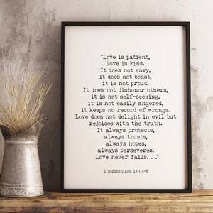 Bible Verse 1 Corinthians 13 Quote Print, Love is Patient Wall Art in Black & White, Scripture Art, Love Never Fails Unframed or Framed Art