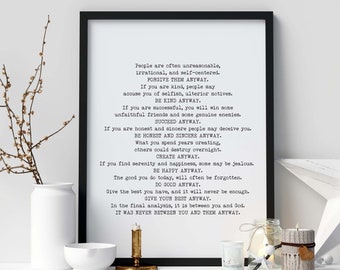 Mother Teresa Quote Poem Framed Art Do It Anyway Framed Black & White Inspirational Wall Art Print, Paradoxical Commandments Christian Gifts