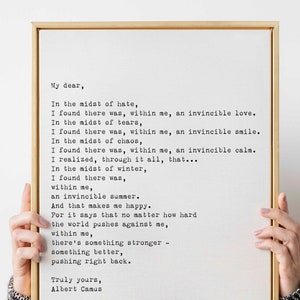 Impresión de arte de pared de verano invencible de Albert Camus, Arte en blanco y negro, Impresión de arte con cita de literatura enmarcada o sin marco