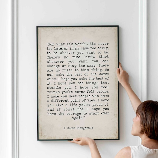 PRINTABLE F Scott Fitzgerald For What It's Worth Quote Inspirational Print Gift, Vintage page Typography Quote Print INSTANT DOWNLOAD