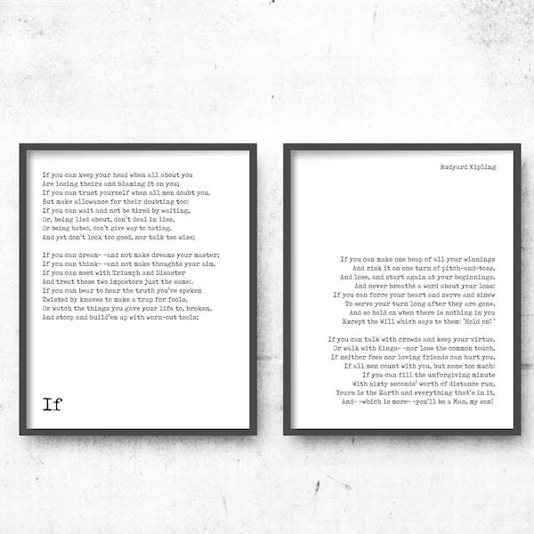 Framed Prints If by Kipling, If poem prints set of 2, Rudyard Kipling art, Motivational Poetry, Inspirational poem gift, black & white art