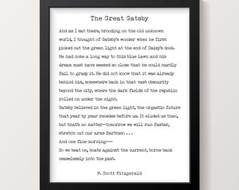 The Great Gatsby Last Page Quote Print – F. Scott Fitzgerald Literary Wall Art, Typewriter Style Book Page, Framed or Unframed