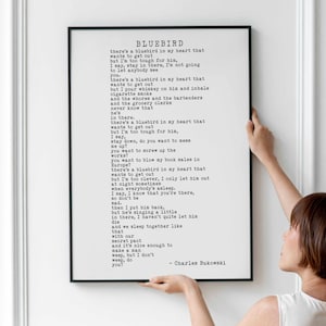 Charles Bukowski BLUEBIRD Poem Print, Minimalistyczne czarno-białe tło Bukowski Poetry Poster Print