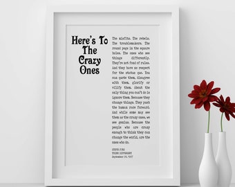 Crazy Ones Steve Jobs Quote Print, Here's to the crazy ones, Unframed Wall Art Prints in Black & White