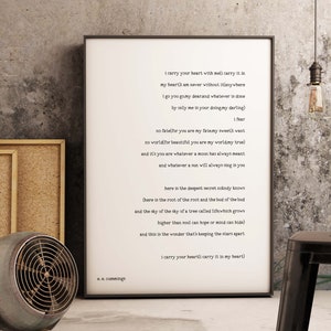 Large ee cummings Print Art, I Carry Your Heart Wall Art, unframed Wedding Poem Print in Black & White Poetry Quote Art 16x20, 18x24, 24x36