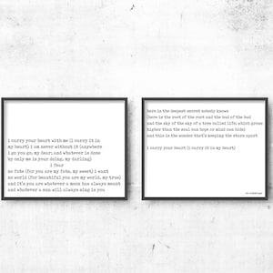 ee cummings I Carry Your Heart Wall Art Prints, unframed Poetry Quote Art Set, Black & White Art
