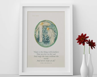 Emily Dickinson Wall Art Prints Quote, Edward Burne–Jones unframed Fine Art Print, Hope is the thing with feathers, Angels Mystical Bohemian