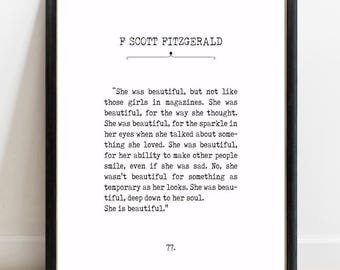 F Scott Fitzgerald Print, She Was Beautiful Quote, Black & White Book Page Art