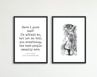 Print Set Alice in Wonderland Wall Art, Lewis Carroll Cheshire Cat Quote Print, Black & White Office Wall Art, Have I Gone Mad?