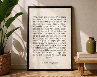 F Scott Fitzgerald For What It's Worth Quote Inspirational Print Gift, Vintage page Typography Quote Print Unframed or Framed Art